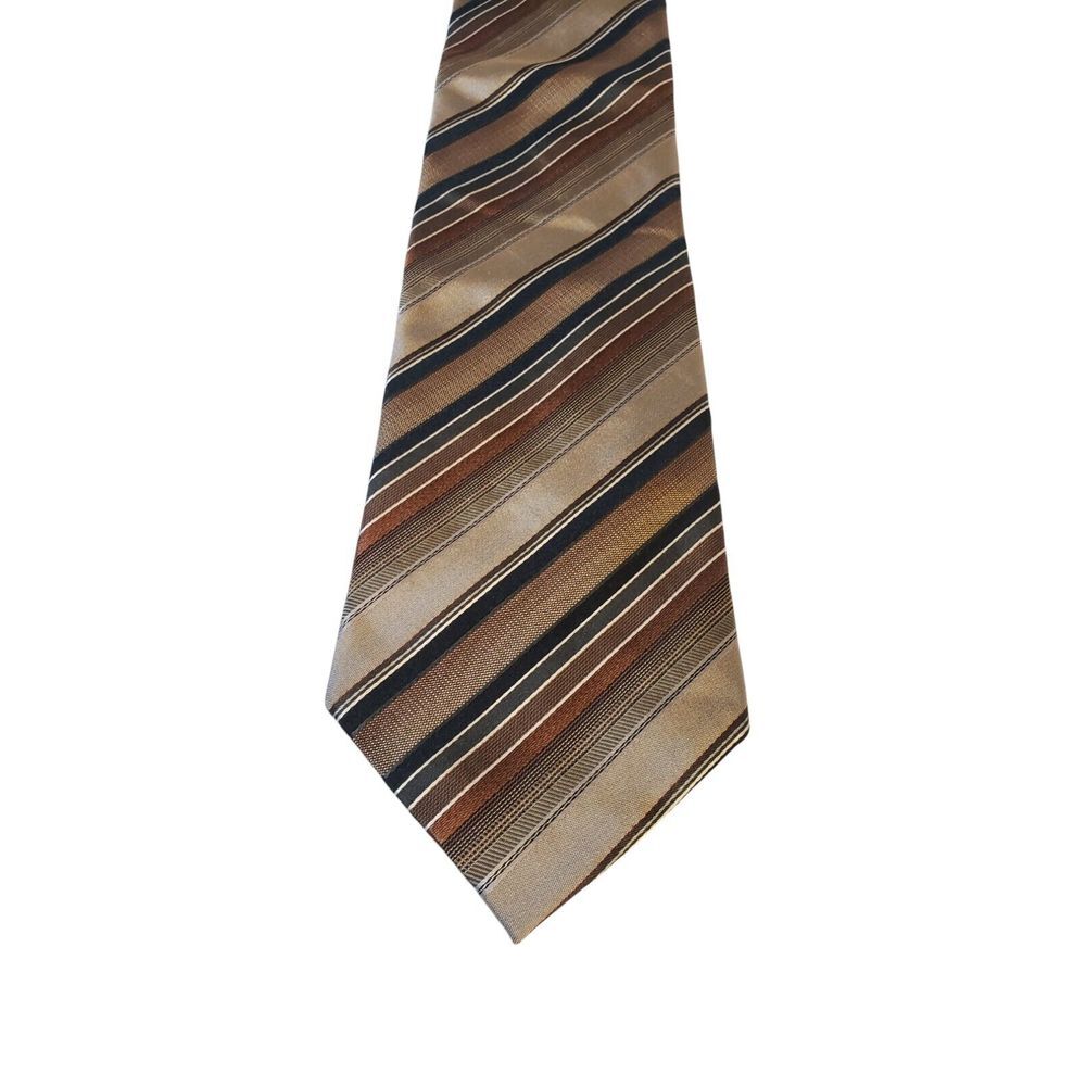 Kenneth Cole Reaction Neck Tie Mens‎ Bronze Brown Tan Black Striped 100% Silk